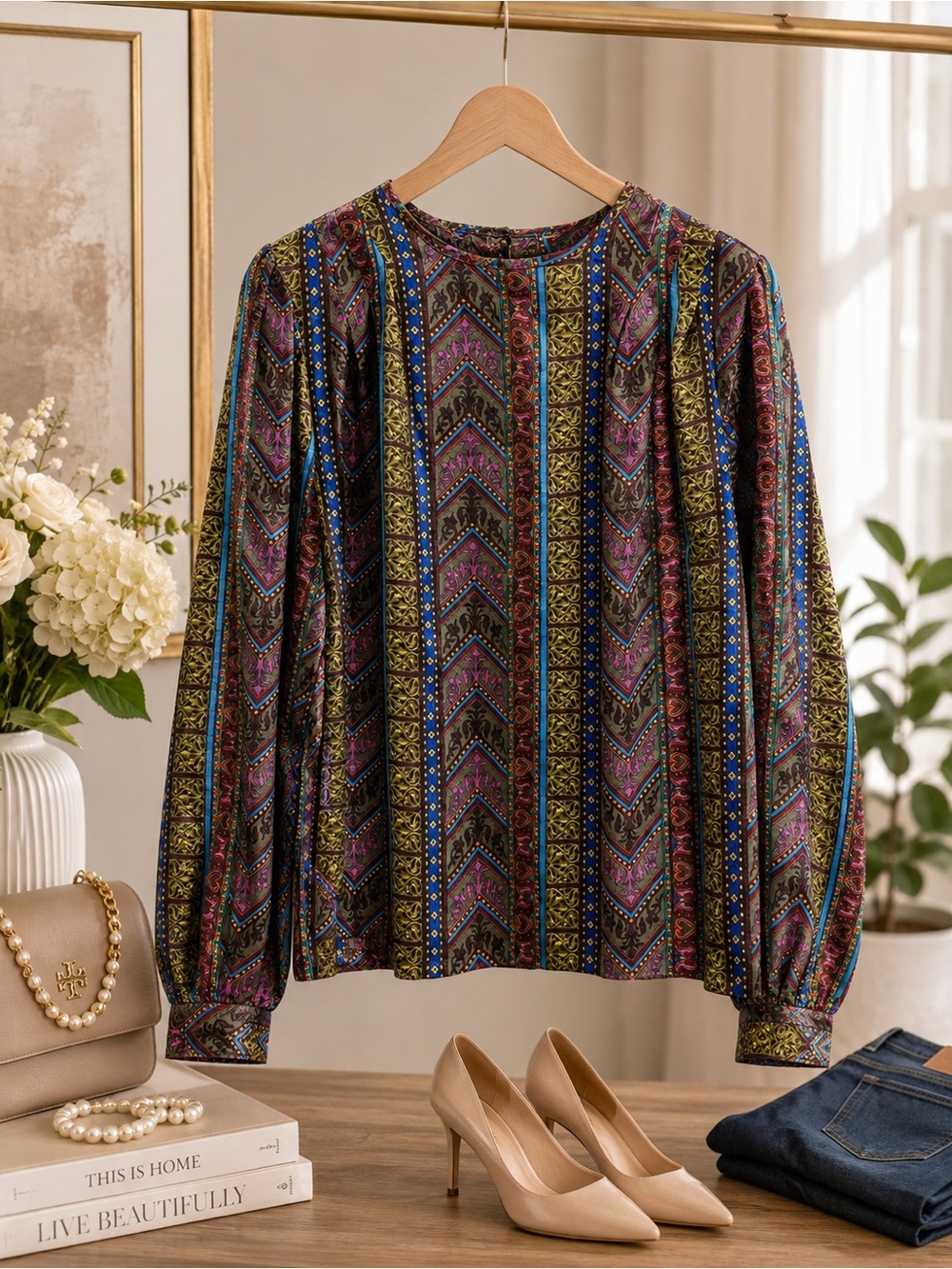 Nicola Vintage Vibrant Multicolor Boho Chevron Blouse Size Medium